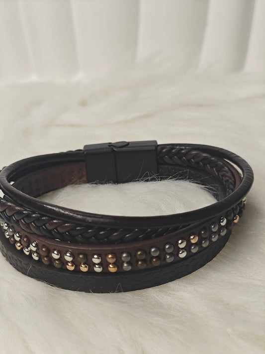 Shadow Edge – Herren Lederarmband in Coffee mit kleinen Steinchen & Edelstahlverschluss