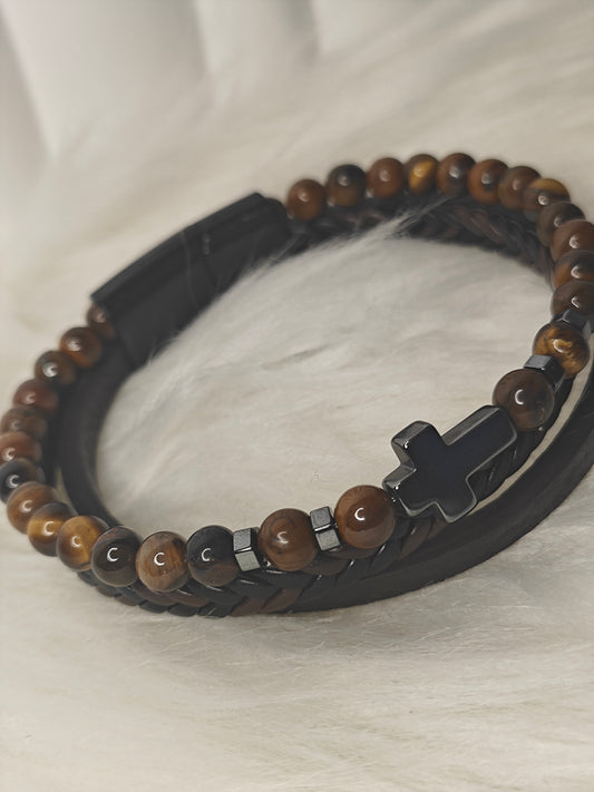 Faith & Stone – Herren Lederarmband mit Tigerauge & Kreuz-Detail