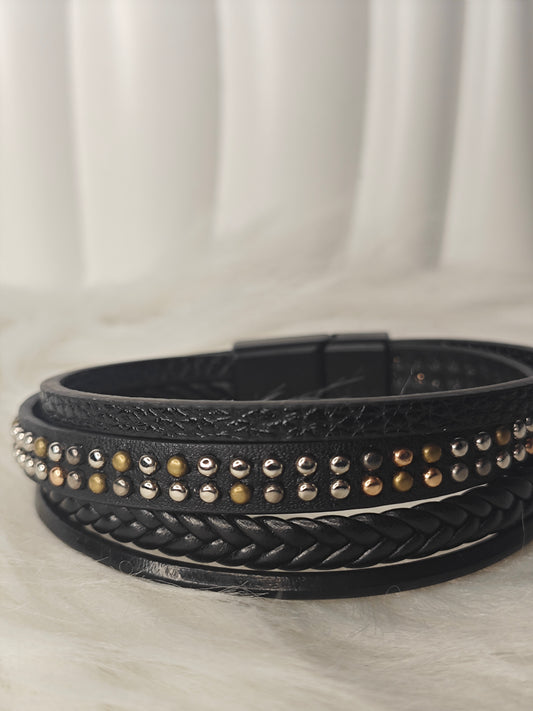 Shadow Edge – Herren Lederarmband mit kleinen Steinchen & Edelstahlverschluss