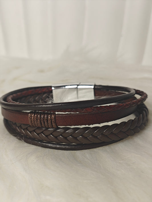 Rustic Layers – Herren PU-Lederarmband mit Silberverschluss